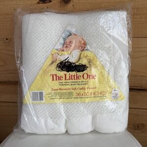 New VTG The Little One Baby Blanket White Acrylic Trim Woven Kmart 36x50"